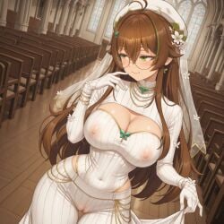 1girls 2d ai_assisted ai_generated big_breasts blush breasts brown_hair clothing dahlia_kai dress female glasses green_eyes hat latam_virtual_youtuber lefolk legs light-skinned_female light_skin long_hair nipples pink_nipples pussy thick_thighs thighs transparent_clothing virtual_youtuber vtuber wedding_dress