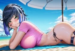 1girls ai_generated beach beach_background beach_towel beach_umbrella blue_hair blush blush_face blushed_face blushing_at_viewer blushing_female boxingchamp breasts_pressed_against_floor female garter_straps genshin_impact green_eyes hand_on_face hip_focus hoyoverse landscape lying lying_down lying_on_stomach navel_peek ocean pink_shirt sand short_sleeves side-tie_bikini side_tie_panties sideboob small_ass small_butt smile smile_at_viewer smiley_face thigh_focus thigh_squish thigh_strap tight_clothes tight_clothing tight_shirt water yelan_(genshin_impact)