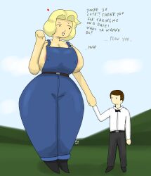 1boy 1girls 2d 2d_(artwork) 50one areola_slip areolae barely_contained_breasts blonde_female blonde_hair braless giantess hollie_all_american imminent_sex larger_female mini_giantess overalls taller_female
