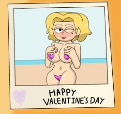1girls aged_up amphibia amphibia_(finale) arms_on_breasts beach beach_background big_breasts blonde_hair blush breasts_out disney disney_channel ear_ring heart_shaped_nipple_covers light-skinned_female light_skin looking_at_viewer nipple_covers nipple_outline photo photo_background picture pussy_cover pussy_outline sasha_waybright simple_background someowlbear sticking_out_tongue thick_thighs thighs tongue_out valentine's_day white_female wide_hips wink winking_at_viewer yellow_hair