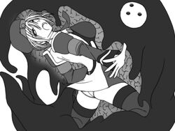 arakune ass backless_outfit bare_back beret blazblue detached_sleeves imminent_rape large_breasts microskirt monochrome necktie noel_vermillion open_mouth panties spread_legs thighhighs underwear vore