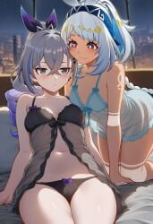 mualani_(genshin_impact) silver_wolf_(honkai:_star_rail) genshin_impact honkai:_star_rail mihoyo hoyoverse ai_generated lunealter 2girls female female_only female_focus black_lingerie blue_lingerie babydoll alternate_costume partially_clothed midriff belly_button neutral_expression smug_face looking_at_partner gray_hair gray_eyes blue_hair multicolored_eyes light_skin light-skinned_female pale_skin pale-skinned_female small_breasts big_ass big_butt big_thighs thick_thighs thick_hips thick_legs exposed_breasts exposed_midriff exposed_shoulders sfw lesbian yuri on_bed laying_on_bed all_fours blushing bed bedroom apartment