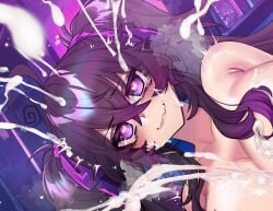 ahoge armpit_crease breasts bukkake cleavage closed_mouth commentary crawling_dreams crossed_bangs cum cum_on_body cum_on_breasts cum_on_hair dutch_angle english_commentary facial female hair_between_eyes heart heart-shaped_pupils highres huge_breasts long_hair looking_at_viewer nyarla_(osiimi) osiimi paid_reward_available purple_eyes purple_hair smile solo symbol-shaped_pupils tearing_up twintails upper_body