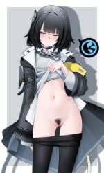 absurdres arknights arknights:_endfield black_coat black_hair black_pantyhose blush cleft_of_venus closed_mouth clothes_lift clothes_pull coat commentary cowboy_shot endministrator_(arknights) female female_endministrator_(arknights) female_pubic_hair flying_sweatdrops grey_eyes highres layered_sleeves lifting_own_clothes long_sleeves looking_at_viewer medium_hair navel pantyhose pantyhose_pull pubic_hair pussy ribbed_sweater solo speech_bubble spoken_flying_sweatdrops sweater sweater_lift uncensored variant_set white_sweater z.taiga