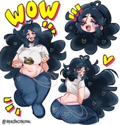 big_ass big_breasts chubby_female jeans long_hair peachcreema_(artist) pink_string sfw white_crop_top