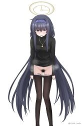 absurdres artist_name black_hair black_pantyhose black_pubic_hair black_shirt blue_archive blush breasts commentary feet_out_of_frame female female_pubic_hair hair_between_eyes hairband halo highres jewelry light_blush long_hair long_sleeves low_twintails necklace panties pantyhose parted_lips pubic_hair purple_eyes purple_hairband removing_pantyhose shirt simple_background small_breasts small_sweatdrop solo sora_scale steaming_body twintails twitter_username ui_(blue_archive) underwear undressing very_long_hair white_background white_panties yellow_halo