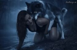 ai_generated all_fours animated clothed_sex doggy_style female forest from_behind from_behind_position outdoors sex wolf