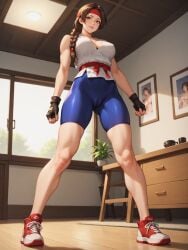 1girls ai_generated bike_shorts braid brown_hair clothed clothed_female hairband king_of_fighters light-skinned_female light_skin long_hair pale-skinned_female pale_skin pants skirt spats standing unrealbeautyaimix yuri_sakazaki