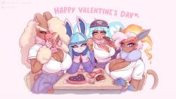 16:9 2026 4girls 5_fingers anthro artist_name big_breasts blue_eyes blue_fingernails blue_nails blush bottomwear box_of_chocolates breasts candy chocolate circle_eyebrows cleavage clothed clothing colored_nails dessert digital_media_(artwork) ear_piercing eeveelution english_text eyebrow_piercing eyebrow_through_hair eyebrows eyelashes facial_piercing female fingerless_gloves fingernails fingers fire flaming_hair food gammainks generation_4_pokemon glaceon gloves grin group hair handwear hat headgear headwear heart-shaped_pupils heart_pupils hi_res holding_candy holding_chocolate holding_food holding_object holidays infernape jun_(gammainks) kotomi_(gammainks) licking licking_lips licking_own_lips looking_at_viewer lopunny markings mizuki_(gammainks) mole_(marking) mole_on_breast nails nanako_(gammainks) nintendo piercing pink_clothing pink_fingerless_gloves pink_fingernails pink_gloves pink_handwear pink_nails pink_scarf pleated_skirt pokemon pokemon_(species) pseudo_hair red_fingernails red_nails rotom scarf skirt smile smiling smiling_at_viewer tail text tongue tongue_out translucent translucent_hair valentine's_day widescreen yellow_fingernails yellow_nails
