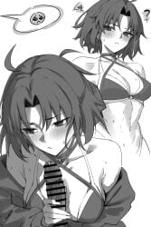 1boy ahoge bare_shoulders bikini blush breasts censored choker cleavage commentary ei_(eiei_e1) erection fate/grand_order fate_(series) female greyscale highres jacket long_sleeves looking_at_viewer looking_to_the_side medium_breasts monochrome multicolored_bikini multiple_views navel off_shoulder parted_bangs parted_lips penis ryougi_shiki ryougi_shiki_(swimsuit_mooncancer)_(first_ascension) short_hair straight swimsuit two-tone_bikini