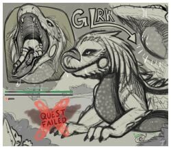 arkailart capcom digestion feral feral_pred game_over gameplay_mechanics great_jagras human human_prey monster_hunter oral_vore tagme throat_bulge vore