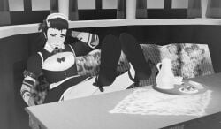 1boy 3d 3d_render alone anime anime_style atatsuma(yansim) bara black_eyes black_hair blush body cock couch daddy dakimakura feminine feminine_male feminization gay gay_male japanese living_room maid maid_apron maid_dress maid_headdress maid_outfit maid_uniform male male_focus male_only muscular muscular_male solo solo_focus solo_male table the_yakuza(yansim) yandere_simulator yaoi