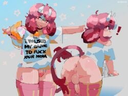 2026 animal_humanoid anus ass backsack balls boobataro boobataro_(boobataro) bottomwear bovid bovid_humanoid bovine bovine_humanoid cattle_humanoid circumcised clothing cowbell_collar dessert digital_media_(artwork) digital_painting_(artwork) exclamation_point femboy food genitals gradient_background hair hi_res horn humanoid humanoid_genitalia humanoid_penis ice_cream legwear looking_at_viewer male male_humanoid mammal mammal_humanoid painting_(artwork) penis perineum pink_hair presenting presenting_hindquarters red_eyes shirt simple_background solo tail text text_on_clothing text_on_shirt text_on_topwear thigh_highs tongue topwear