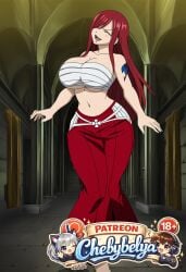 1girl absurdres ai_assisted ai_generated anime anime_style attractive beautiful beautiful_eyes beautiful_lighting best_quality breasts chebybelya chest_sarashi cinematic_lighting closed_eyes curvy, cute deep_skin detailed detailed_face detailed_skin digital_art erza_scarlet fairy_tail hair_over_one_eye high_quality high_resolution highres huge_breasts long_hair navel open_mouth patreon patreon_username perfect_body red_hair sarashi sexy sharp_focus signature slim_waist smile soft_lighting soft_shading solo stylized tattoo thick_thighs toned very_aesthetic vibrant_colors watermark wide_hips