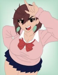 angry artvi ayase_momo blue_skirt brown_hair cleavage curvy dandadan devil_horns earrings excited female green_earrings hand_on_head highres huge_breasts indoors looking_at_viewer massive_breasts messy_hair midriff miniskirt mint_background momo_ayase navel open_mouth open_shirt pink_sweater pleated_skirt plump red_bow rock_on_pose school_uniform short_hair simple_background solo tagme thick_thighs thigh_gap tongue tongue_out underboob white_shirt wide_hips
