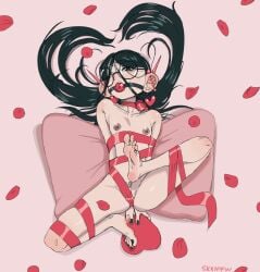 ball_gag barefoot black_eyes black_hair blush bound bound_legs bound_torso completely_nude dark_areolae eyebrows_hidden_by_hair female female_pubic_hair flat_chest full_body gag highres large_ears leg_up long_hair lying nail_polish naked_ribbon nipples nude on_back open_mouth original oshii_(suwafro) pillow pubic_hair ribbon ribbon_bondage round_eyewear simple_background soles solo suwafro toenail_polish toenails toes