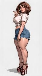 ai_generated jean_shorts my_hero_academia ochako_uraraka side_view solo white_background white_shirt