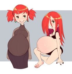 barefoot black_bra black_panties bra cleavage ellie_(hellbrain) feet female female_only freckles green_eyes hair_over_one_eye hellbrain long_hair looking_at_viewer maternity_clothes medium_breasts orange_hair original original_character outie-navel panties pregnant ready_to_pop sitting small_breasts soles sweater twintails veiny_belly