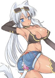 1girls areola_slip areolae arm_up armpits ass bikini_top black_legwear blue_eyes blush breasts butt_plug_tail buttplug buttplug_tail dark_skin denim denim_shorts elbow_gloves female gloves kaiten_muten-maru large_breasts long_hair nagase_haruhito pussy_juice revised revision shamu_meruruusa shorts silver_hair solo sunglasses sunglasses_on_head tail thighhighs turning vibrator yellow-framed_glasses