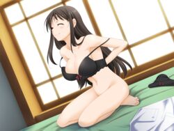 bed bedroom blush bottomless bra bra_slip breasts brown_hair cleavage closed_eyes closed_mouth feet female female_only game_cg human kneeling koi_to_mizugi_to_taiyo_to large_breasts lingerie long_hair nude panties pov shirt smile solo underwear undressing window