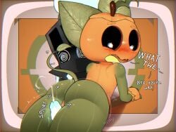 cat_ears catboy dandy's_world dialogue ejaculation english_text femboy gay gay_sex gourdy_(dandy's_world) male/male onomatopoeia pumpkin_head roblox simple_background soulvester soulvester_(dandy's_world) tail text thick_thighs thigh_sex young younger_male