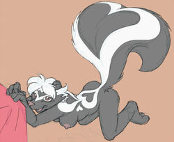 2011 all_fours anthro bed breasts female nanimoose nude raised_tail skunk solo tail