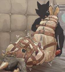 absurd_res anal anal_sex angry animal_genitalia animal_penis anthro bondage bondage_gear bound brown_body brown_fur canid canine canine_genitalia canine_penis canis canvas_texture chastity_cage chastity_device coyote dddiago dildo dildo_in_ass dildo_insertion duo fullbody_straitjacket fur genitals hi_res kenai_(coyote) leather leather_muzzle male male/male mammal metal_chastity_cage motion_lines muzzle_(object) muzzled object_in_ass orange_body orange_fur padded_room padded_walls pawpads penetration penis raised_leg red_penis restraints sex_toy sex_toy_in_ass sex_toy_insertion sleepsack squirming straitjacket straps white_body white_fur