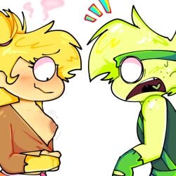 1boy1girl blush boobs_out breasts breasts_out_of_clothes broz_boyz broz_boyz_go glimmilly_(milly) green impressed oc ocs original_character original_characters showing_breasts surprised surprised_expression yellow zlayway_(miles)