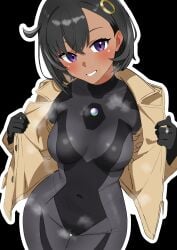 1girls absurdres black_background black_gloves blush bodysuit breasts covered_navel emma_(pokemon) eyelashes female gloves grin hands_up highres jacket jewelry latex latex_bodysuit looking_at_viewer matiere_(pokemon) matiere_(pokemon_legends:_z-a) matsuokalive10 open_clothes open_jacket outline pokemon pokemon_legends:_z-a purple_eyes revision ring ring_hair_ornament simple_background skin_tight smile solo steaming_body teeth thighs tight_clothing