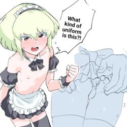 1femboy 2boys androgynous anon anonymous_male ass ass_focus ass_grab black_legwear blush crossdressing dialogue embarrassed femboy femboy_focus lio_fotia maid maid_apron maid_headdress male miniskirt panties petite petite_body petite_male promare satodasatoko slim slim_male slim_waist solo_focus stockings text thighhighs topless twink