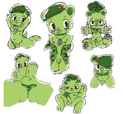 army_hat army_uniform blush buckteeth dog_tags erection flaccid flippy_(htf) genitals happy_tree_friends male male_only nipples penis solo teeth undressing_self voltybee