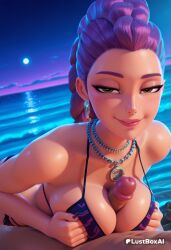 1boy 1boy1girl 1girls ai_generated artist_name bikini braid braided_ponytail breasts breasts_squeezed_together brown_eyes cleavage dark_skin earrings female full_moon hair_pulled_back hi_res jewelry kpop_demon_hunters large_breasts looking_at_viewer lustboxai moon nail_polish necklace netflix night ocean outdoors paizuri paizuri_under_clothes penis purple_hair rumi_(kpop_demon_hunters) shiny_skin sky smile solo_focus sony_pictures_animation straight swimsuit uncensored water