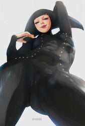 1girls 2d absurdres belly_bulge black_body black_bodysuit black_hair bodysuit boruto:_naruto_next_generations boruto:_two_blue_vortex breasts colored_sclera crotch crotch_focus drawink erect_nipples erect_nipples_under_clothes female female_only high_resolution highres kazamatsuri_moegi leather_clothing leather_outfit looking_at_viewer looking_down low-angle_view matsuri_(boruto) naruto naruto_(series) pink_lips pinup pov pussy pussy_visible_through_clothes ringed_eyes rinnegan small_breasts smile solo solo_female solo_focus spikes thighs thight_clothing underboob viewed_from_below white_background