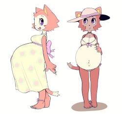 anthro barefoot bikini cat_ears cat_tail catgirl claws dress feet feline feline_humanoid female female_only full_body furry hellbrain huge_belly kemono looking_at_viewer maternity_clothes maternity_dress medium_breasts original original_character peach_fur pink_fur pregnant purple_eyes ready_to_pop sharp_claws smile solo standing sun_hat tongue_out two-tone_fur