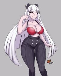 1girls baphomet_(grizz) big_breasts bra breasts cleavage closed_eyes closed_mouth female female_only gifted_lion goat_horns helltaker horns large_breasts long_hair pants smile suspenders white_hair