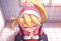 ai_generated bathroom blonde_hair blowjob blue_eyes ciel ciel_(mega_man) cute cute_girl female girl handjob medium_breasts mega_man_x_dive mega_man_zero penis penis_in_mouth pink_skirt pink_vest pov sex sexy sexy_pose skirt vest