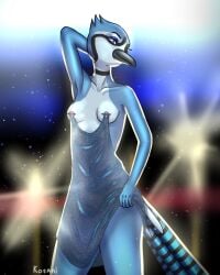 anthro armpit_fetish avian beak bird breasts clothing collarbone corvid exhibitionism feathers female genitals hi_res jay_(bird) kotani kotanifur lilleya nipple_piercing nipple_piercing_dress nipples oscine passerine piercing small_breasts smile solo tail tail_feathers vulva