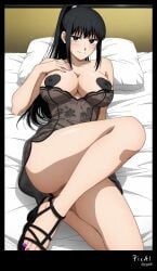 1girl, 4k 8k ai_generated anatomy, and anime beautiful bed, black blushing, body body, breasts breasts, clean coiffed, colors, content detailed dress, explicit expressive eyes, face, feet feet, female, flat full gradient hair hair, happy her high highlights, horny, lace legs, lineart, long loose, lying, manicures, masterpiece, mature minimal muted nails, night nsfw, on osaragi_(sakamoto_days) ovulating, pasties, pedicures, perfect pose, position, quality quality, resolution, sakamoto_days sandals, screenshot seductive see-through sexual sexy shading, shadow, shape, simple soft solo, strong tension, thighs thighs, thin toe toes, tongs up, v-cleavage, very view, well