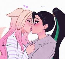 2girls ahri ahri_(league_of_legends) kai'sa kda kissing konomidraw league_of_legends lesbian_kiss riot_games