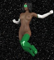 1girls 3d 3d_(artwork) big_breasts black_hair black_skinned_female boots dc dc_comics dc_universe_online flying gloves green_lantern green_lantern_(series) green_lantern_corps green_lipstick knockkale mostly_nude oc original_character power_ring space tits_out