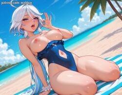 1girls ahoge ai_generated bare_shoulders beach beach_towel blue_eyes blue_hair blue_one-piece_swimsuit blue_sky blush breasts breasts_out casual_one-piece_swimsuit clothing_cutout day fellatio_gesture female female_focus frilled_one-piece_swimsuit furina_(genshin_impact) genshin_impact hair_between_eyes heterochromia highleg highleg_swimsuit horizon hoyoverse large_breasts light_blue_hair long_hair looking_at_viewer maldo mihoyo multicolored_hair navel navel_cutout nipples ocean one-piece_swimsuit one-piece_swimsuit_pull open_mouth oral_invitation outdoors palm_tree scrunchie sitting sky solo streaked_hair swimsuit thighs tongue tongue_out tree two-tone_hair water white_hair white_scrunchie wrist_scrunchie
