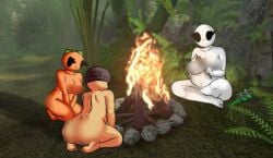 3girls :3 alternate_version_available ass bald bald_female beanie beanie_only belly belly_button blur_censor breasts campfire censored censored_ass censored_genitalia censored_nipples chetoh chubby chubby_female claire_(chetoh) cleavage completely_naked completely_naked_female completely_nude completely_nude_female eating egg female female_focus female_only fire food kneeling kneeling_female kneeling_on_ground leaf leaf_hair mandy_(chetoh) naked naked_and_afraid naked_female naked_male nude nude_female oc orange_body original original_characters photo_background potato rear_view sitting smile smiling starchy_(chetoh) toes
