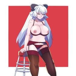 1girls baphomet_(grizz) big_breasts bra bra_down breasts breasts_out closed_eyes closed_mouth feet_out_of_frame female female_only garter_belt garter_straps goat_horns helltaker horns large_breasts lingerie long_hair lueduar navel nipples panties smile standing stockings stool white_hair