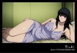 1girl, 4k 8k ai_generated anatomy, anime armpits beautiful bed, bent black blushing, body, clean colors, content, detailed dress, explicit expressive eyes, face, female, flat gradient hair, happy heel, high highlights, knees, legs, lineart, long lying masterpiece, mature messy minimal muted night nsfw, on osaragi_(sakamoto_days) pedicure, perfect pose, pubic quality quality, resolution, sakamoto_days screenshot seductive see-through sensual, sexy shading, shadow, shape, side, simple skin soft solo, thighs, thin underwear, visible, without