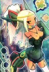 1girls black_sclera breasts green_theme humanized nipples personification pokemon rayquaza rayquaza_(cosplay) solo solo_female yellow_eyes