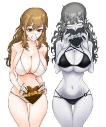 2girls anticipation bikini blush bottomless breasts catherine_(limbus_company) catherine_(project_moon) child_bearing_hips chocolate colored_skin crying crying_with_eyes_open curly_hair empty_eyes every_catherine_(project_moon) female female_focus female_only gift grey_hair greyscale highres huge_breasts limbus_company long_hair looking_at_viewer messy_hair monochrome partially_clothed presenting project_moon smile smilling tears thick_thighs valentine's_day white_background white_skin ■■■■■(limbus_company)