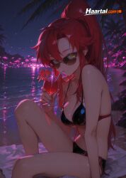 1girls ai_generated beach blush female haart_ai medium_breasts night outdoors red_hair skinny slim_waist sunglasses tagme tengen_toppa_gurren_lagann yellow_eyes yoko_littner