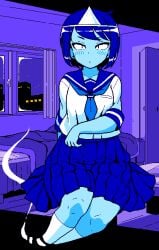 1girls 2d blue_body blue_skin blush breasts clothed female female_only game_cg ghost ghost_girl ghost_tail headpiece jermaneels legwear pixel_art sailor_uniform school_uniform short_hair skirt small_breasts spirit_(jermaneels) strip_rock-paper-scissors_-_ghost_edition triangular_headpiece