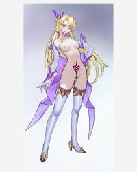 absurdres blonde_hair boots breasts commentary_request corruption elbow_gloves female full_body gloves hand_on_own_hip high_heels highres long_hair looking_at_viewer magical_girl medium_breasts nipples original pubic_tattoo purple_eyes shen_hai_ichigo snake solo standing tattoo thigh_boots vaginal_penetration variant_set white_gloves