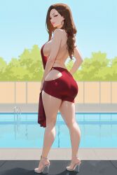 ai_generated ass bare_back brown_hair brunette_hair crimson_clothing dress female hair_tie legs lipstick long_hair looking_at_viewer low_tied_hair medium_breasts milf natural_breasts outdoor_background poolside profile_view rgomez007 seductive_look sexy_body sexy_pose side_view sideboob simple_background skindentation solo_female stable_diffusion standing thick_lips thick_thighs tight_clothing wide_hips